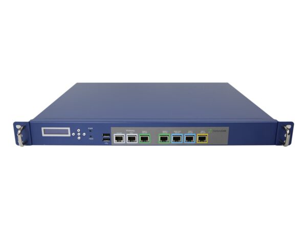Przedni panel urządzenia sieciowego Advantech w niebieskiej obudowie rack z wyświetlaczem LCD i kilkoma portami RJ45.