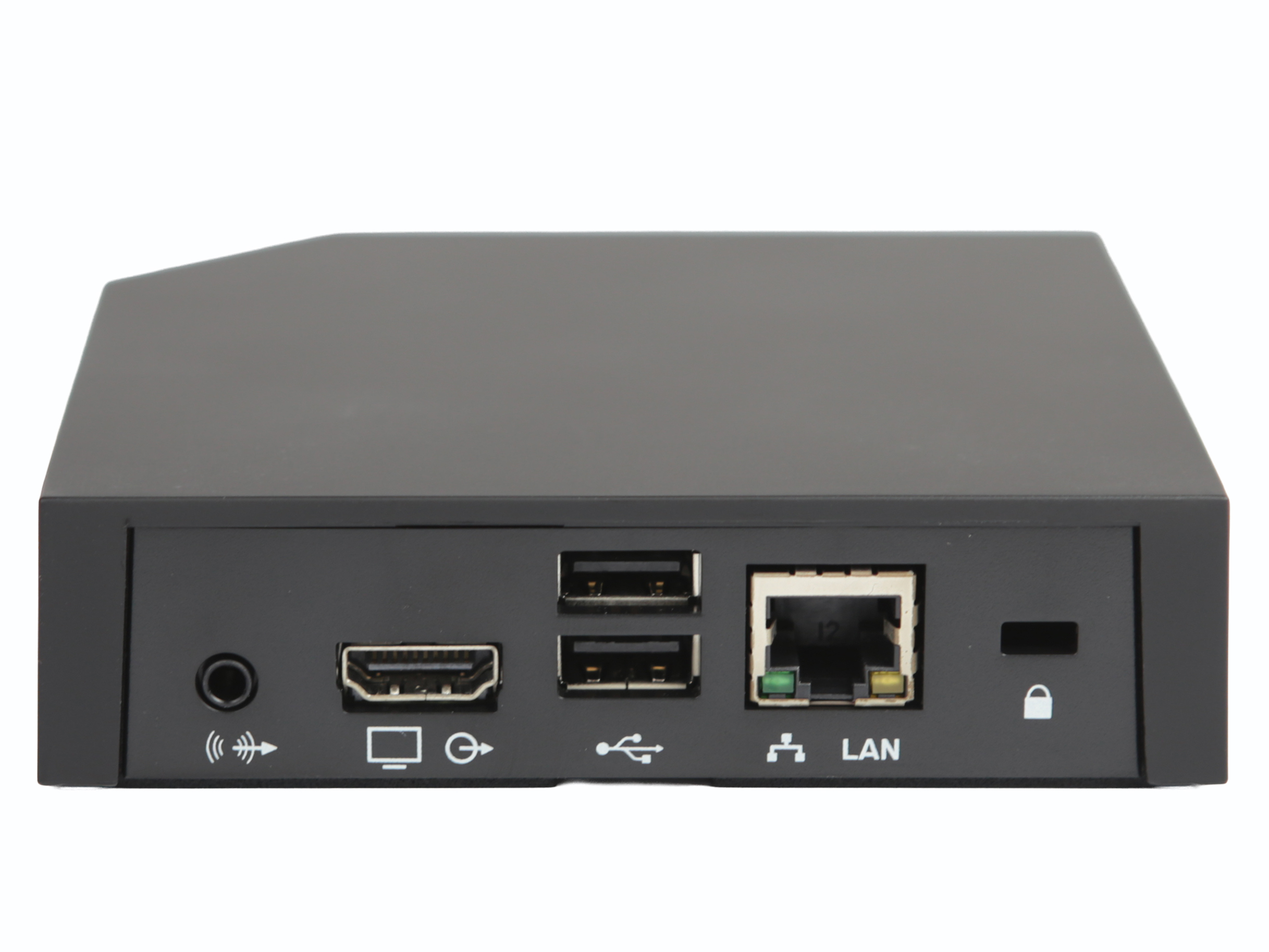 Przedni panel modułu Polycom RealPresence Trio Visual+ z portami audio, HDMI, dwoma USB i LAN oraz slotem blokady Kensington.
