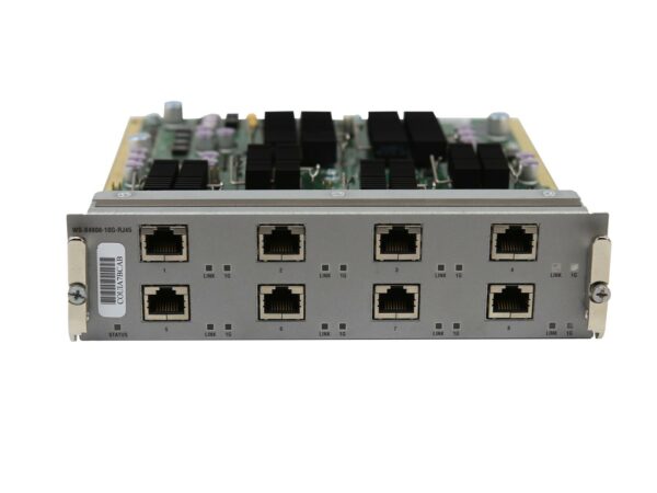 Moduł Cisco WS-X4908-10G-RJ45 od przodu z ośmioma portami RJ-45 w dwóch rzędach i widocznymi radiatorami na płycie.