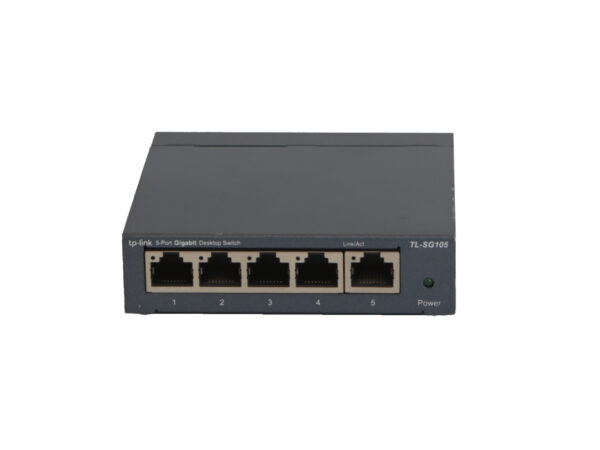 Przedni panel switcha TP-Link TL-SG105 z pięcioma portami RJ45 i diodą zasilania, obudowa w kolorze grafitowym.