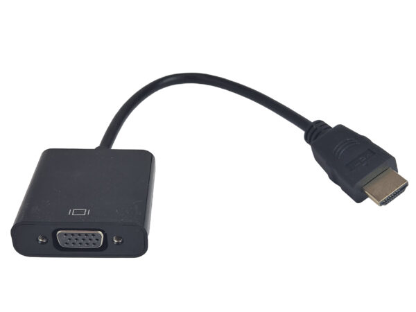 Czarny adapter z wtyczką HDMI na krótkim kablu i gniazdem VGA po przeciwnej stronie obudowy.