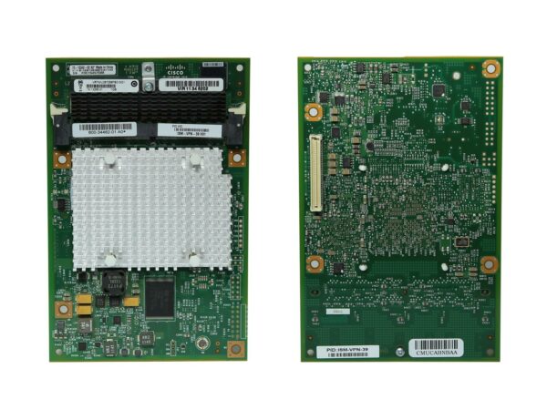 Dwie strony modułu Cisco ISM-VPN-39: przód z radiatorem chłodzącym i tył z widoczną płytką PCB oraz złączem krawędziowym.