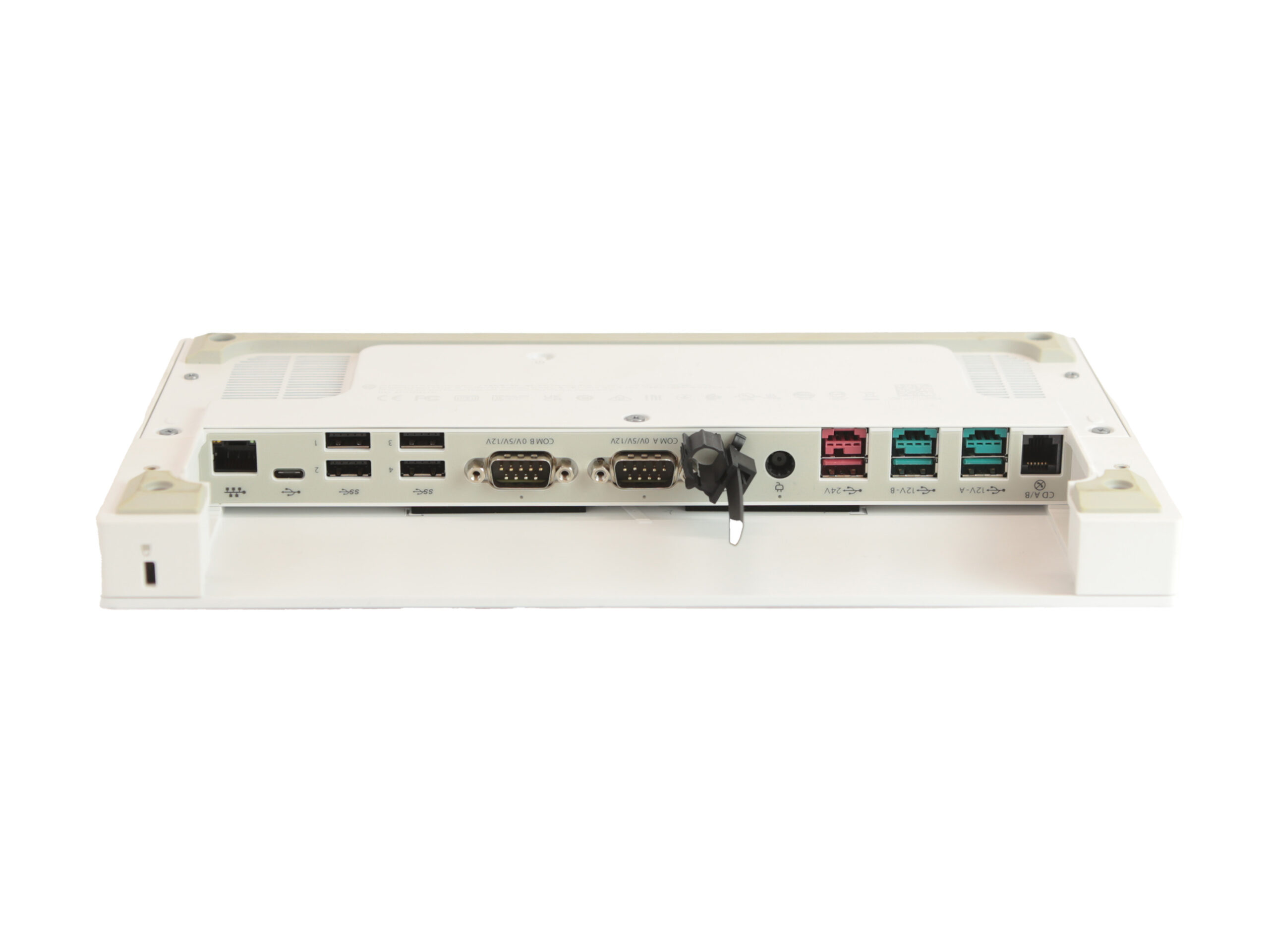 Tylny panel bazy I/O HP Engage One z portami USB, LAN, szeregowym i kolorowymi złączami PoweredUSB, obudowa biała.