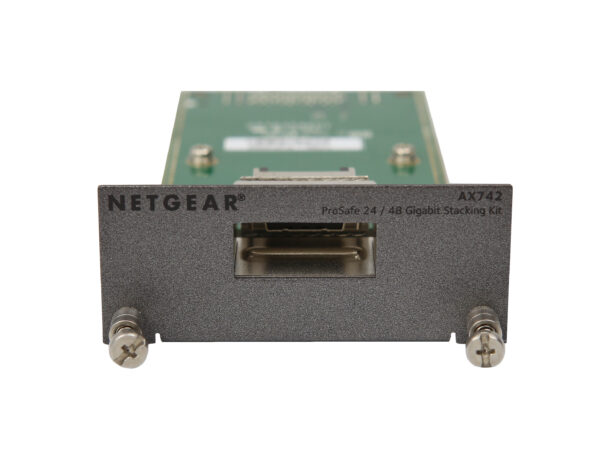 Moduł stakujący Netgear AX742 z widocznym złączem stack i dwiema śrubami mocującymi po bokach obudowy.