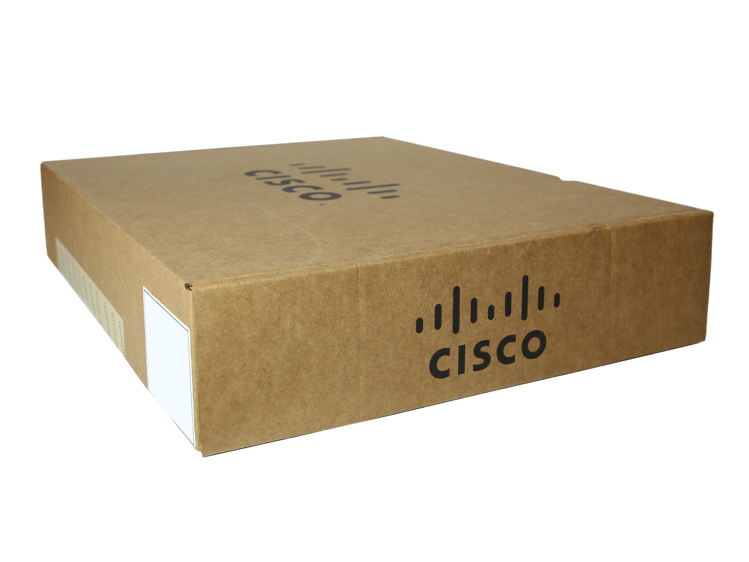 Zamknięte kartonowe pudełko z logo Cisco na boku, widoczne z krawędzi bez rozpakowania.