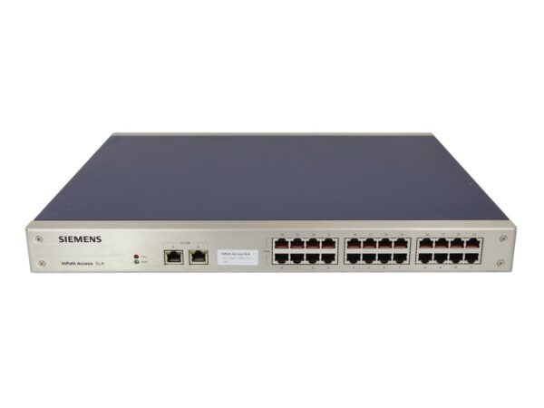 Przedni panel switcha Siemens HiPath Access z dwoma portami uplink i szesnastoma portami RJ45, obudowa w kolorze szarym.