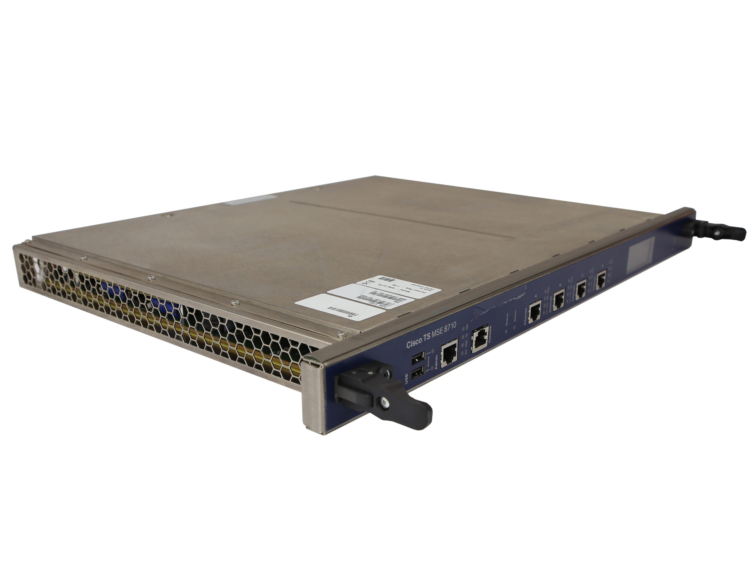 Moduł Cisco MSE 8710 pod kątem z boku, widoczny przedni panel z portami RJ45 i uchwytem montażowym.