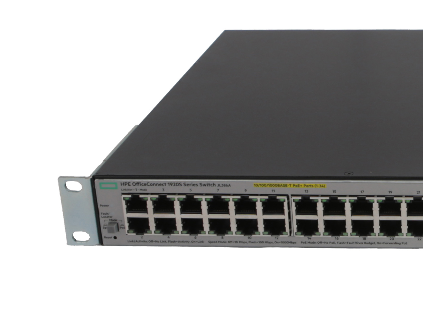 Przedni panel switcha HPE OfficeConnect z widocznym rzędem portów RJ45 i uszami montażowymi do szafy rack.