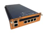 Moduł Gigamon G-TAP A-TX pod kątem, pomarańczowy panel przedni z sześcioma portami RJ45 i diodami LED