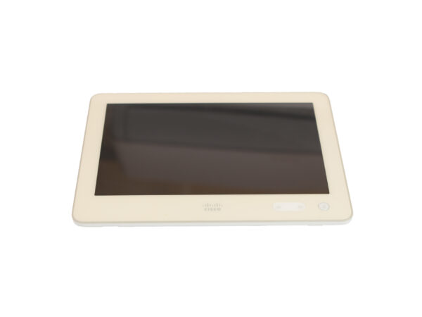 Panel dotykowy Cisco Touch 10 w białej obudowie, widok od przodu z wygaszonym ekranem pod niewielkim kątem.