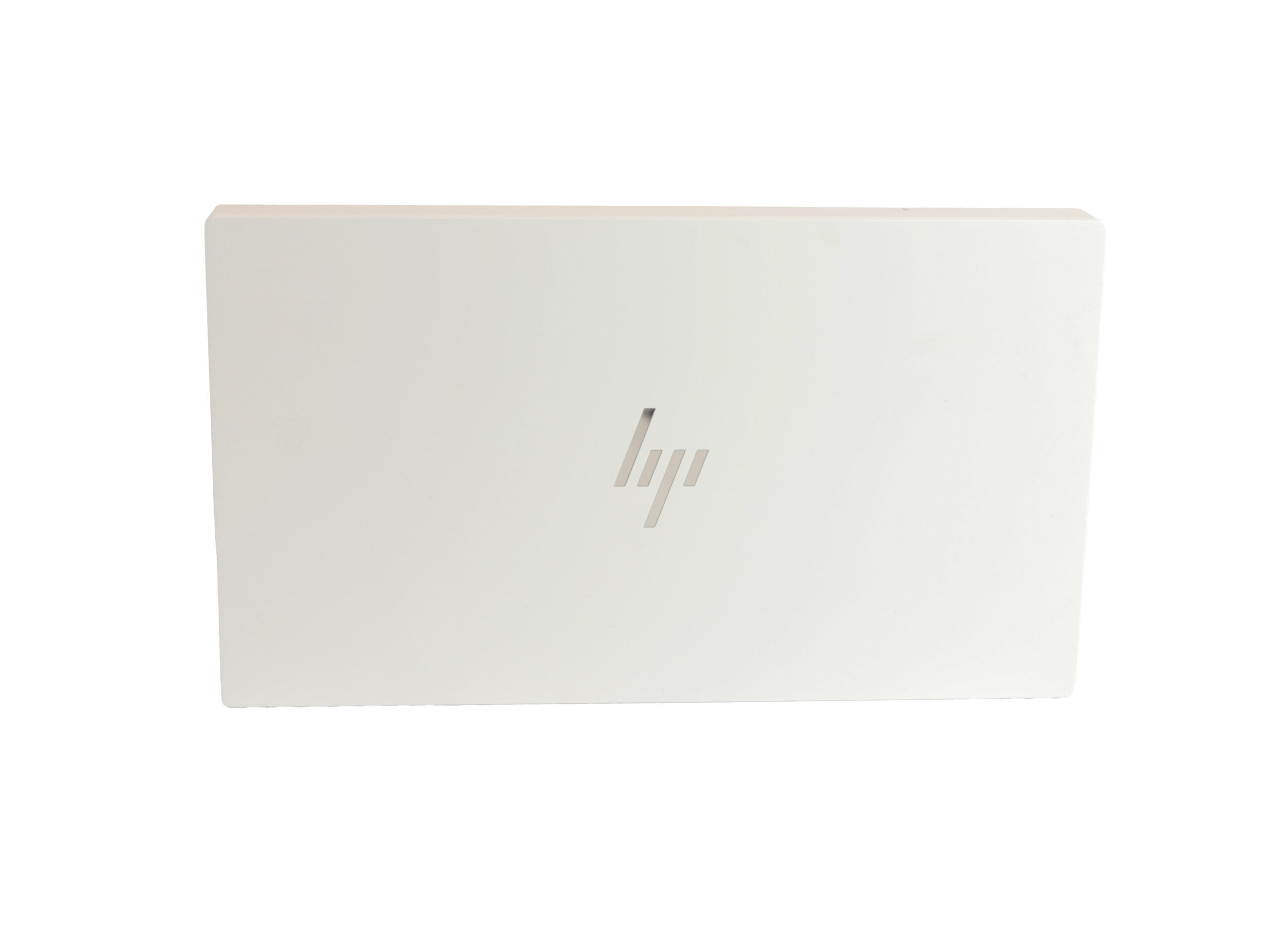 Zamknięta biała obudowa bazy I/O HP z logo na pokrywie, widok od góry pod niewielkim kątem.