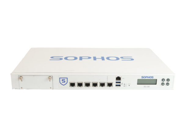 Przedni panel firewalla Sophos SG 230 z sześcioma portami RJ45, wyświetlaczem LCD i dwiema antenami po bokach.