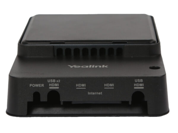 Tylny panel mini PC Yealink z portami USB, dwoma złączami HDMI, Internet i zasilaniem, obudowa czarna.