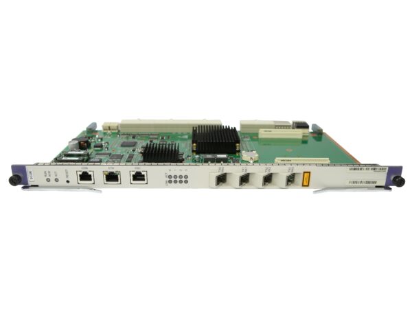 Karta modułu Huawei SCUK z widocznymi portami RJ45, diodami LED i czterema slotami SFP+ z boku obudowy.