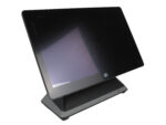 Terminal POS NCR CX7 all-in-one z dotykowym ekranem na wysięgniku i podstawą, widok z boku pod kątem, ekran wyłączony.