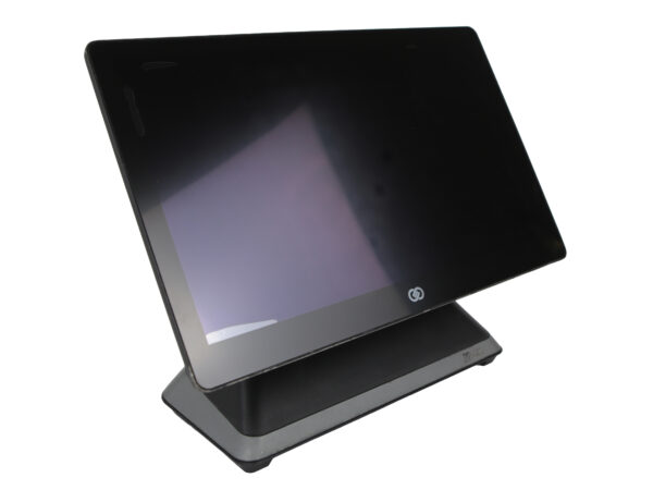 Terminal POS NCR CX7 all-in-one z dotykowym ekranem na wysięgniku i podstawą, widok z boku pod kątem, ekran wyłączony.