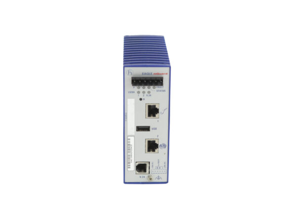 Przedni panel przemysłowego routera Hirschmann w niebiesko-szarej obudowie z dwoma portami RJ45 i diodami statusu.