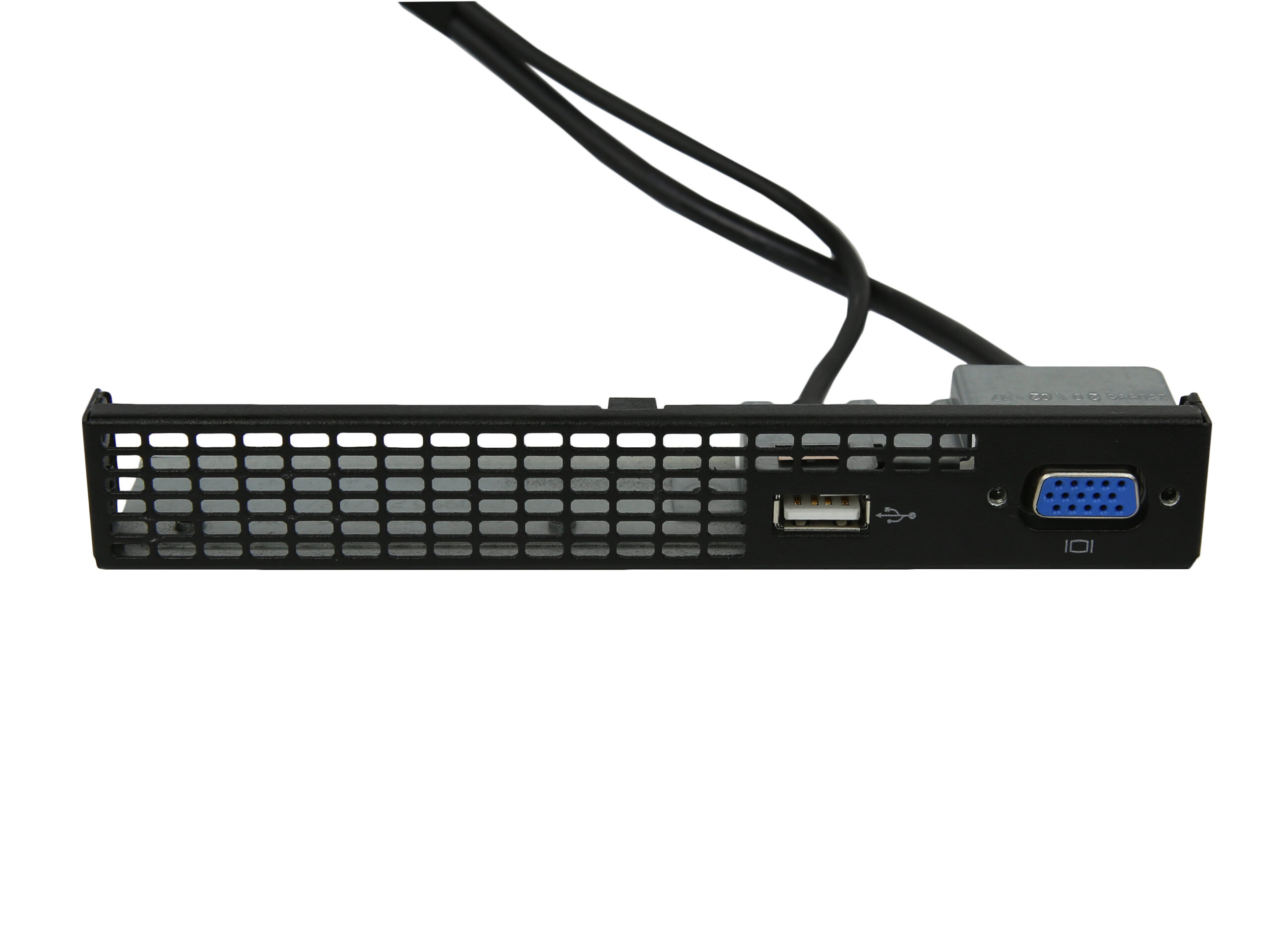 Panel Flex-Bay HP z kratką wentylacyjną, portem USB i złączem VGA oraz odchodzącymi kablami z tyłu.