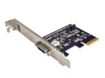 Karta rozszerzeń PCIe z metalowym śledziem, na płycie widoczne złącze zewnętrzne oraz układy scalone.
