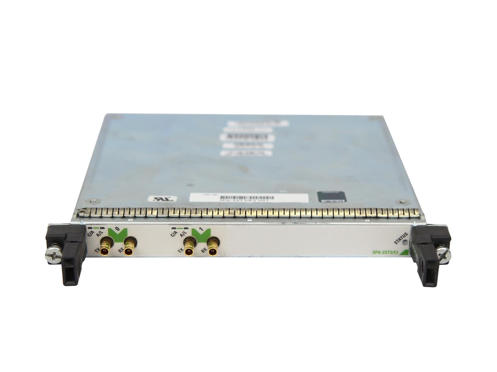 Moduł Cisco SPA z dwoma portami koncentrycznymi z zielonymi zatrzaskami z przodu, metalowa obudowa z naklejkami na górze.