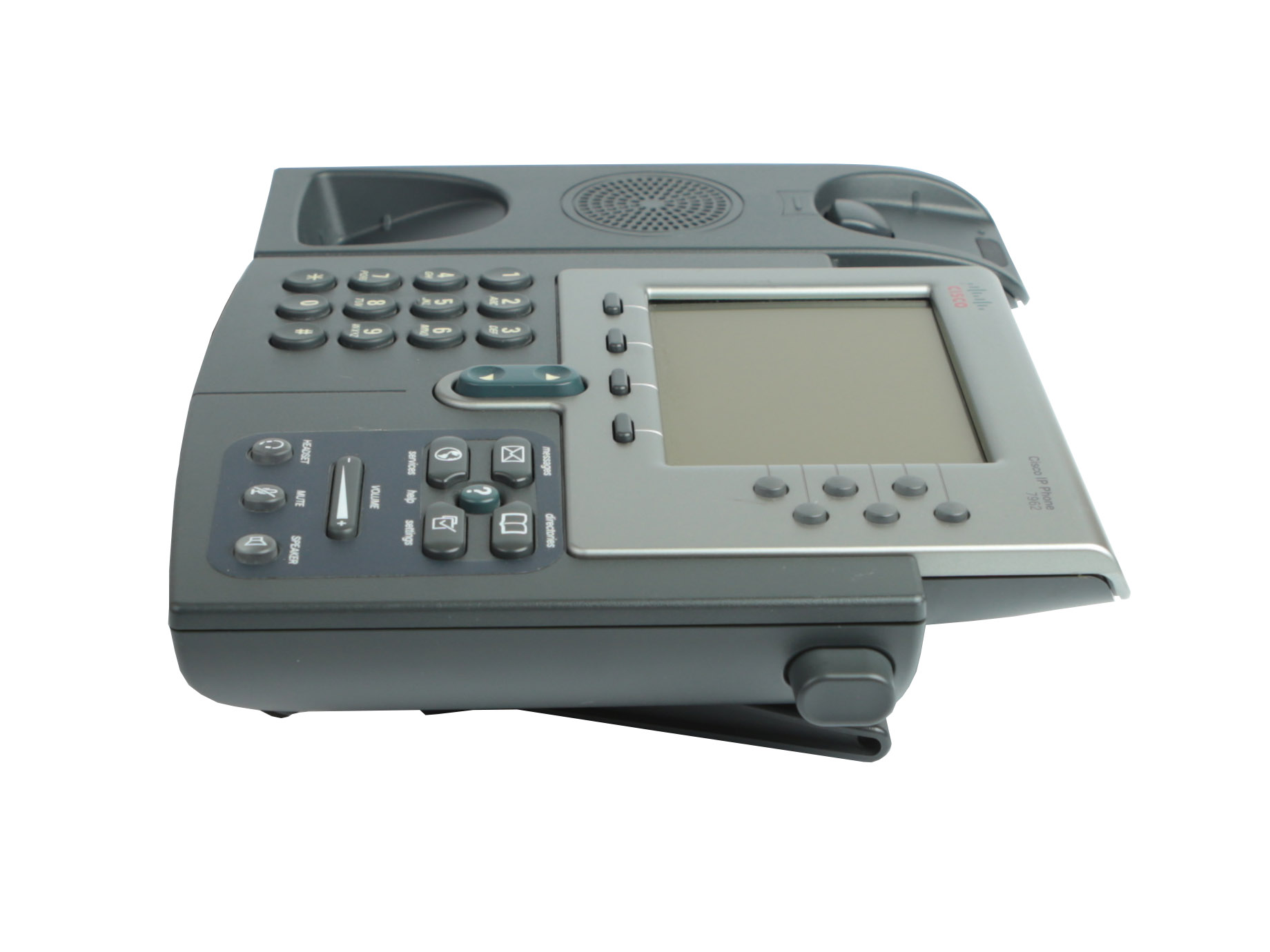 Telefon IP Cisco z boku, widoczny wyświetlacz LCD, klawiatura numeryczne i podstawka bez słuchawki