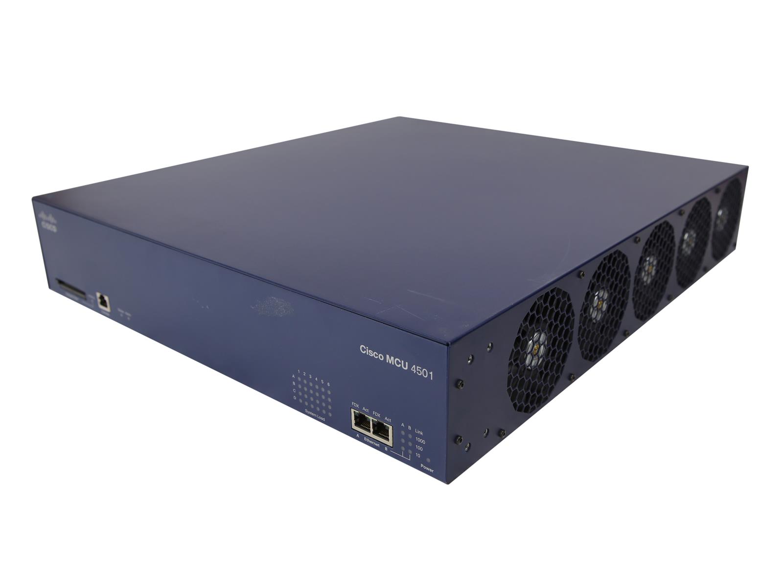 Obudowa serwera Cisco MCU 4501 pod kątem z góry, widoczne otwory wentylacyjne i porty na przednim panelu.