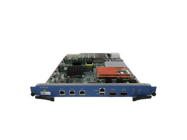 Moduł Palo Alto PA-7050-SMC z widoczną płytą, portami RJ45, dwoma slotami QSFP+ i niebieskimi uchwytami montażowymi.