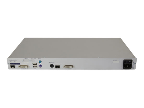 Tylny panel odbiornika DVI Guntermann&Drunck z portami DVI, USB, PS/2, RJ45 i złączem zasilania.