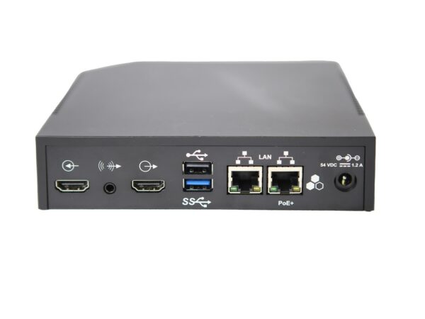 Przedni panel urządzenia Polycom Pano z dwoma złączami HDMI, portem USB-A oraz dwoma portami LAN, obudowa w kolorze szarym.