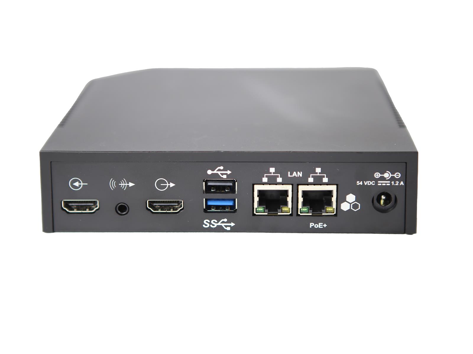 Przedni panel urządzenia Polycom Pano z dwoma złączami HDMI, portem USB-A oraz dwoma portami LAN, obudowa w kolorze szarym.