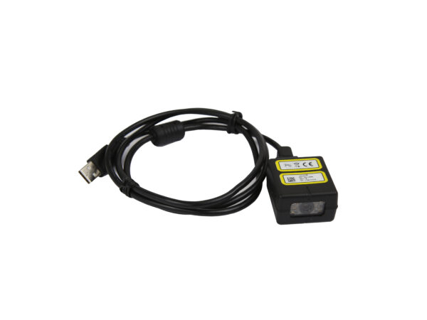 Skaner kodów kreskowych Jadak JDK-2255 z podłączonym zwiniętym kablem USB zakończonym wtyczką typu A.