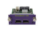 Moduł stackujący Extreme Networks SummitStack-V80 z dwoma portami Stack Port na fioletowej obudowie i widoczną płytką na górze.