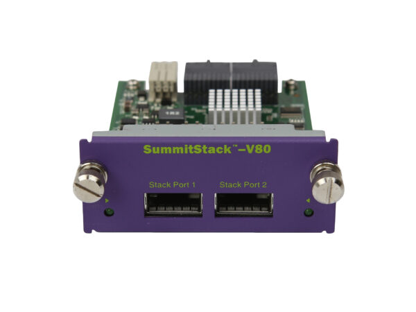 Moduł stackujący Extreme Networks SummitStack-V80 z dwoma portami Stack Port na fioletowej obudowie i widoczną płytką na górze.