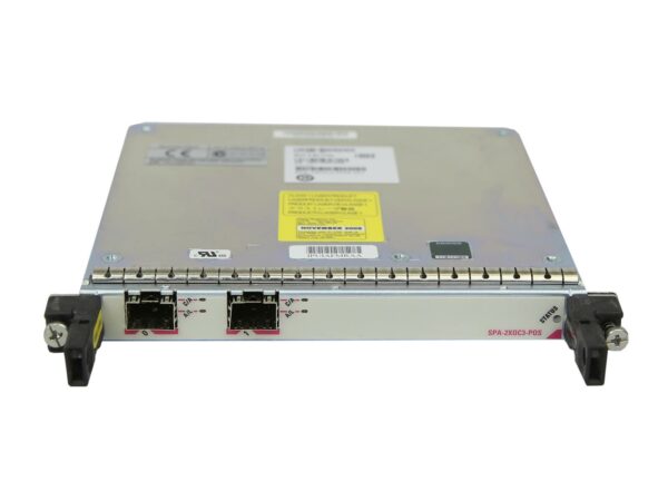 Moduł Cisco SPA z dwoma portami światłowodowymi SFP z przodu i uchwytami montażowymi po bokach, widok pod kątem.