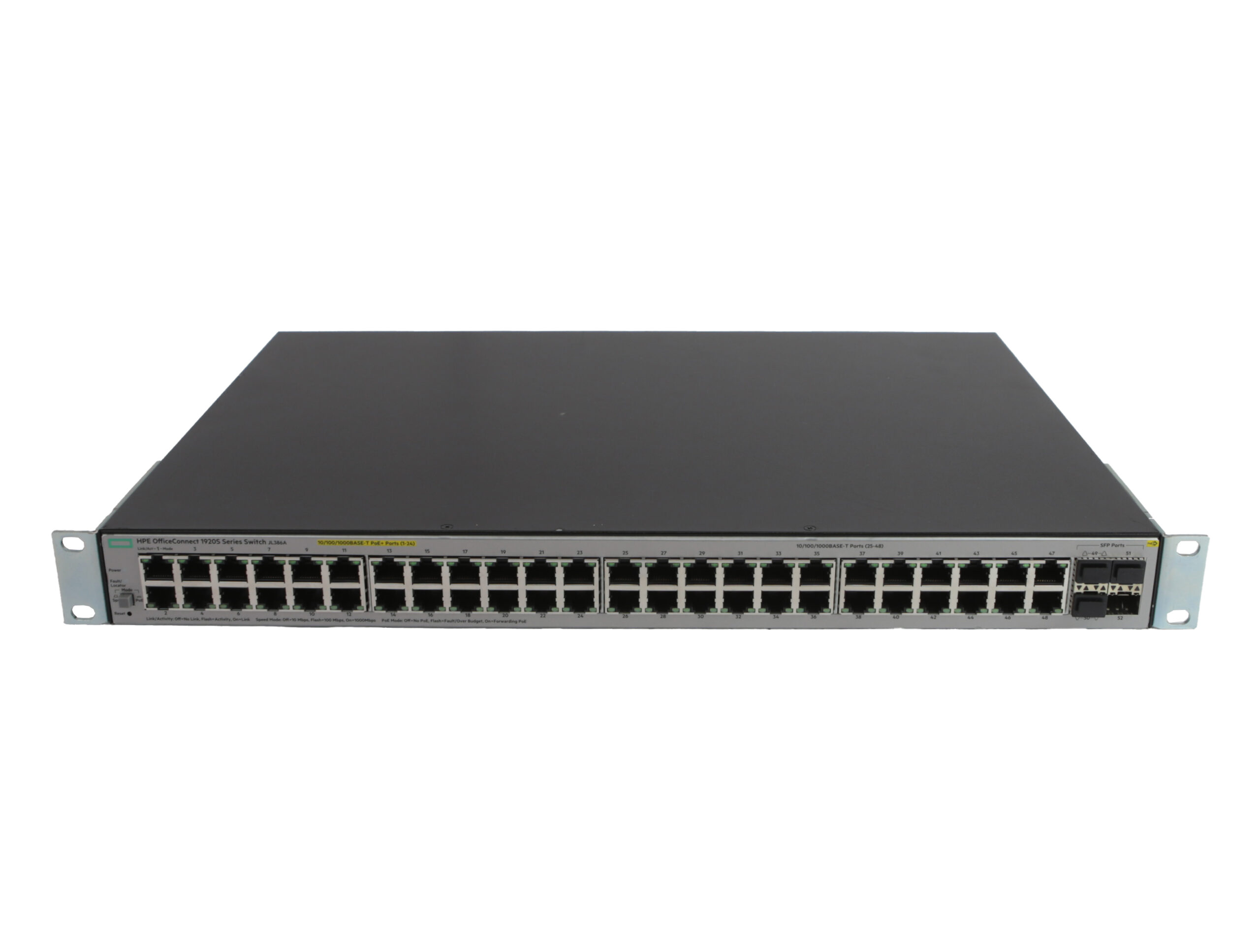 Przód switcha HPE z czterema rzędami portów RJ45 i diodami LED, obudowa w kolorze czarnym z uszami montażowymi do szafy rack