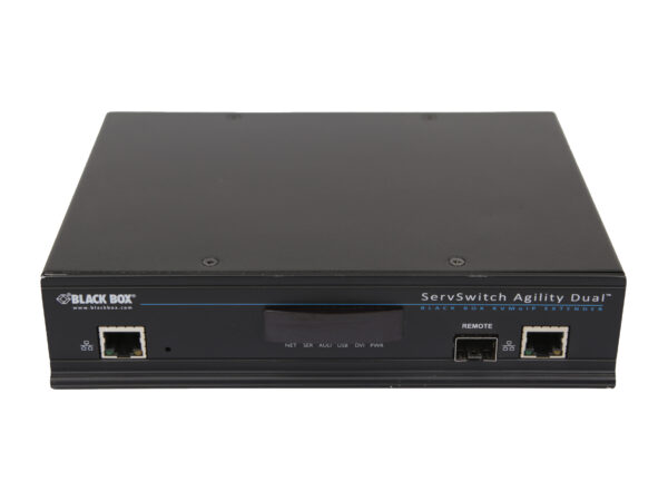 Przedni panel odbiornika Black Box ServSwitch Agility Dual z portem RJ45, diodami LED i portem remote, obudowa czarna metalowa.