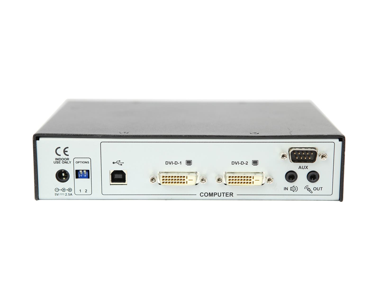 Tylny panel nadajnika KVM Adder z dwoma portami DVI-I, portem USB-B i złączem RS232, obudowa lekko zabrudzona.