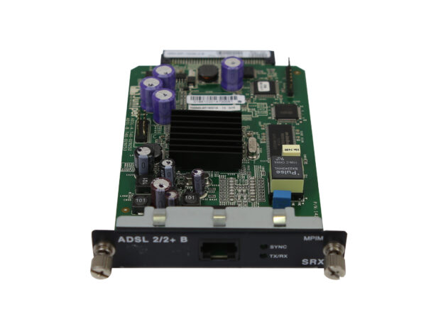 Karta modułu Juniper Mini-PIM z widocznym radiatorem, złączami BNC oraz opisem ADSL 2/2+ B na krawędzi.