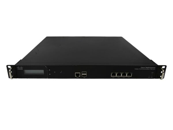 Przedni panel serwera Cisco w obudowie rack 1U z wyświetlaczem LCD, dwoma portami USB i czterema portami sieciowymi.