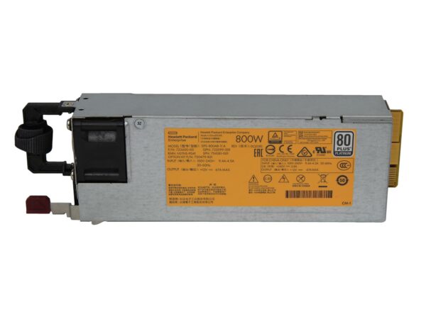 Zasilacz serwerowy HP 800W z boku, żółta naklejka znamionowa 80 Plus i widoczne złącze wtykowe z uchwytem.
