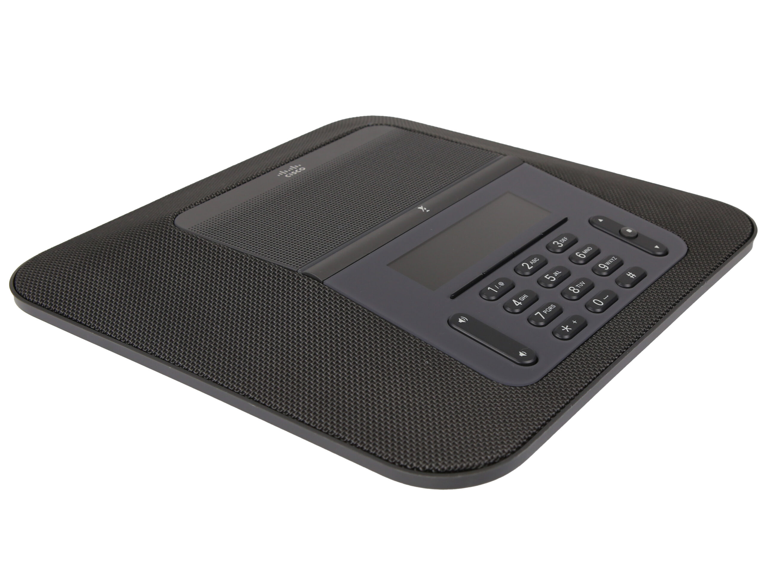 Konferencyjny telefon Cisco CP-8832 z góry, widoczna klawiatura numeryczna i perforowana obudowa z siatką głośnika.