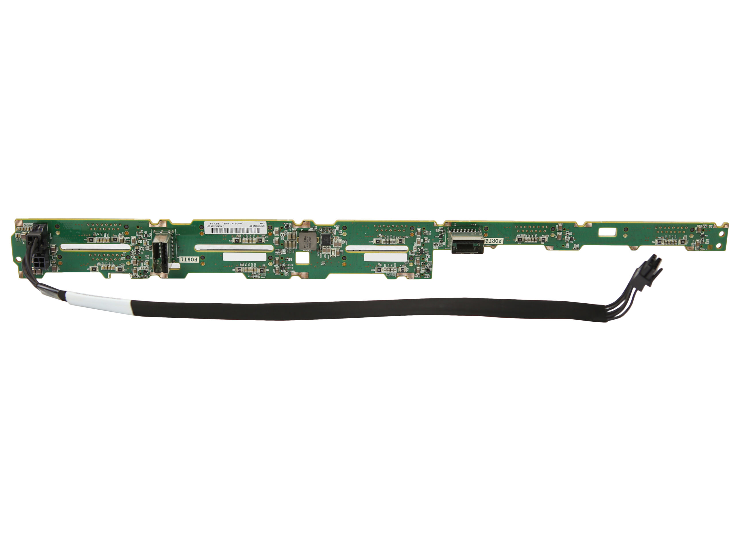 Płytka backplane SAS HP z rzędem złączy dysków 2.5" i podłączonymi czarnymi kablami zasilająco-sygnałowymi.