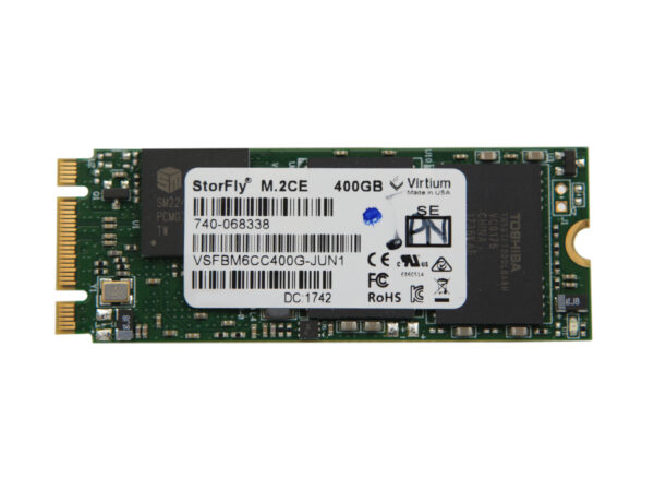 Dysk SSD Virtium StorFly M.2 2280 z widoczną zieloną płytką, układami scalonymi i naklejką z danymi technicznymi.