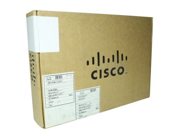 Zamknięte oryginalne pudełko Cisco z logo na wieku i naklejkami z danymi produktu z boku.