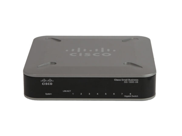 Przód switcha Cisco SG100D-08 z ośmioma portami RJ45, diodami LED i logo Cisco na górnej pokrywie.
