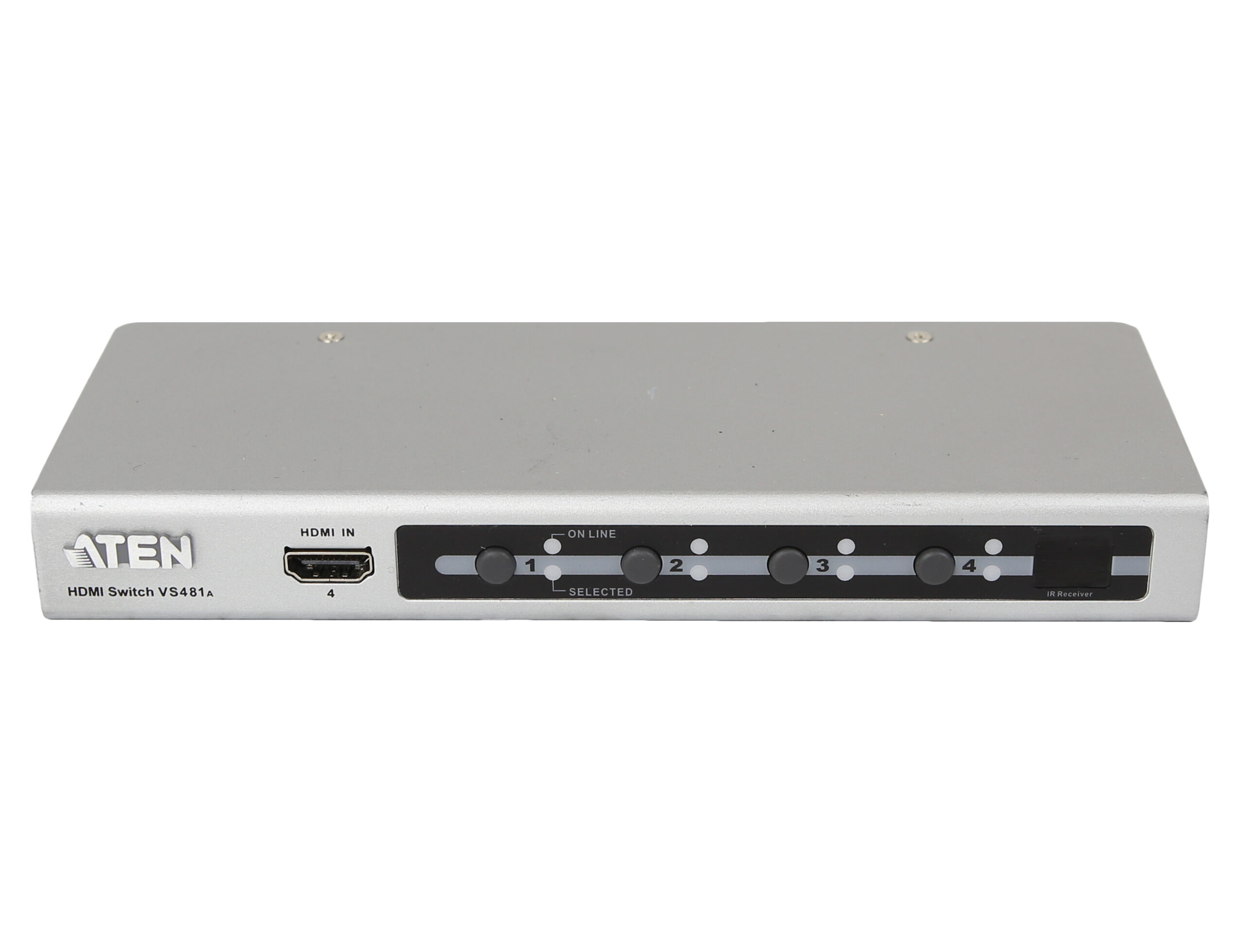 Przedni panel przełącznika Aten VS481A z portem HDMI wejściowym i czterema przyciskami z podświetlanymi diodami.