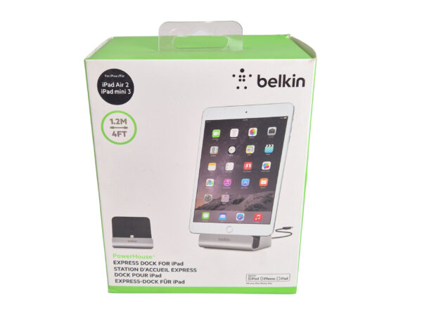 Pudełko Belkin Express Dock z widocznym zdjęciem stacji dokującej z tabletem oraz logo producenta.