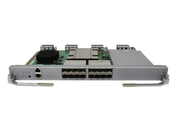 Moduł rozszerzeń Huawei z dwoma rzędami portów SFP+ i jednym portem RJ45, widoczne uchwyty montażowe po bokach