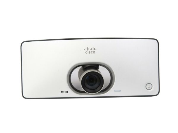 Kamera wideokonferencyjna Cisco SX10 od przodu z widocznym obiektywem, logo Cisco i przyciskiem zasilania po prawej stronie.