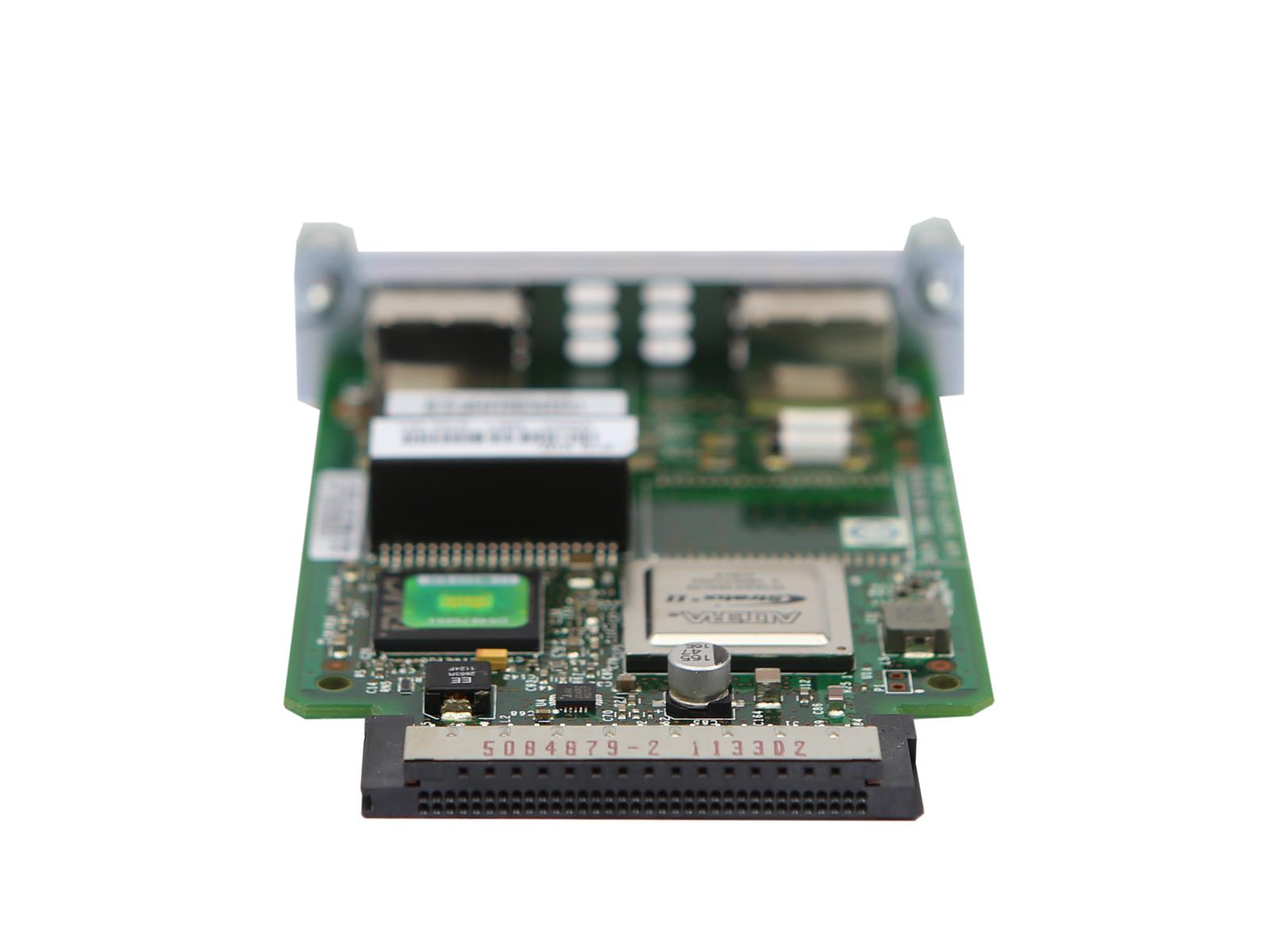 Moduł Cisco VWIC3-2MFT-G703 z widoczną zieloną płytką, dwoma portami RJ48 i metalowym uchwytem montażowym